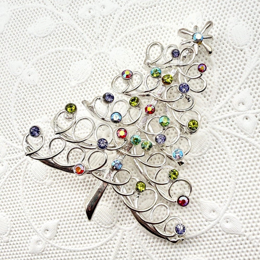 Vintage Retro Silver Tone Christmas Tree w/ Multicolor Rhinestone Brooch